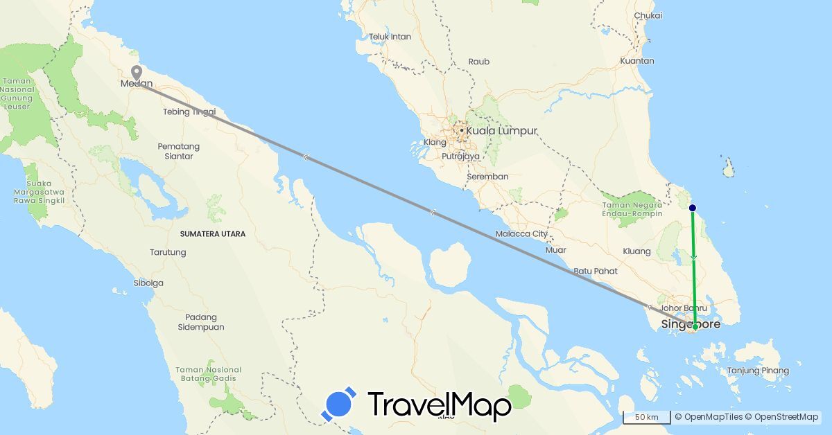 TravelMap itinerary: driving, bus, plane in Indonesia, Malaysia, Singapore (Asia)