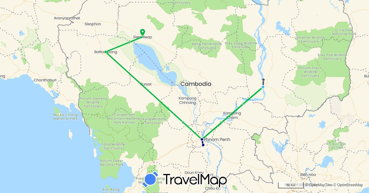 TravelMap itinerary: driving, bus, boat, motorbike in Cambodia (Asia)