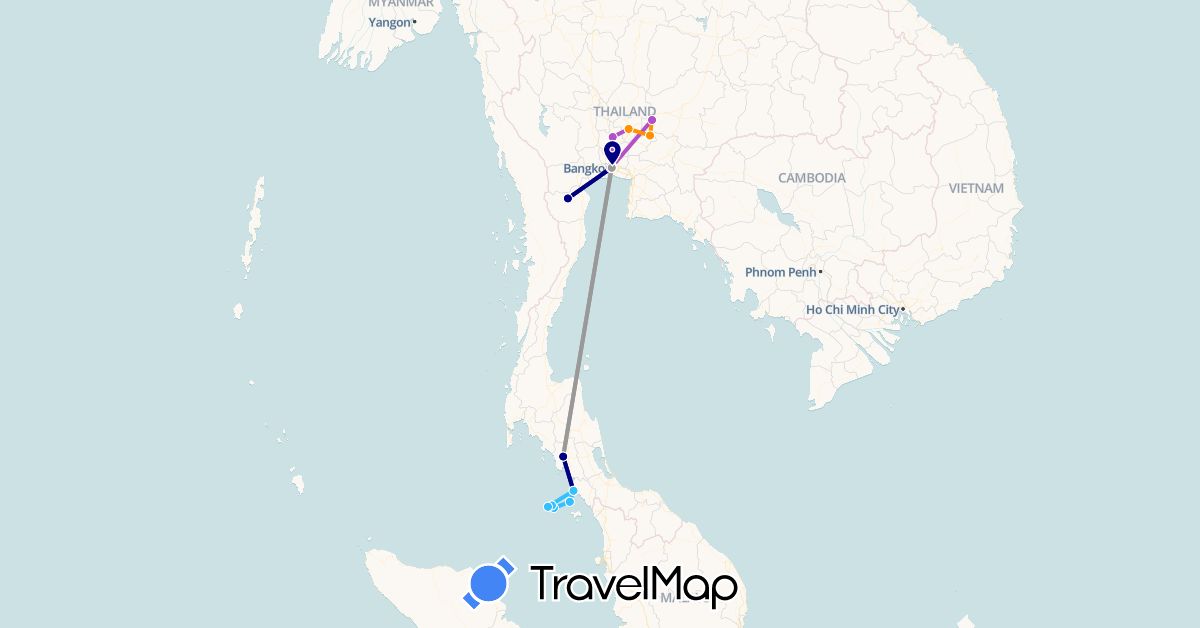 TravelMap itinerary: driving, plane, train, boat, hitchhiking in Thailand (Asia)