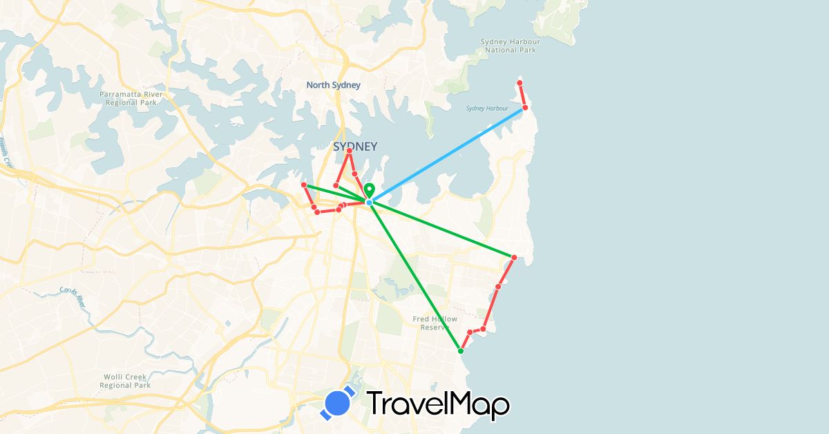 TravelMap itinerary: driving, bus, hiking, boat in Australia (Oceania)