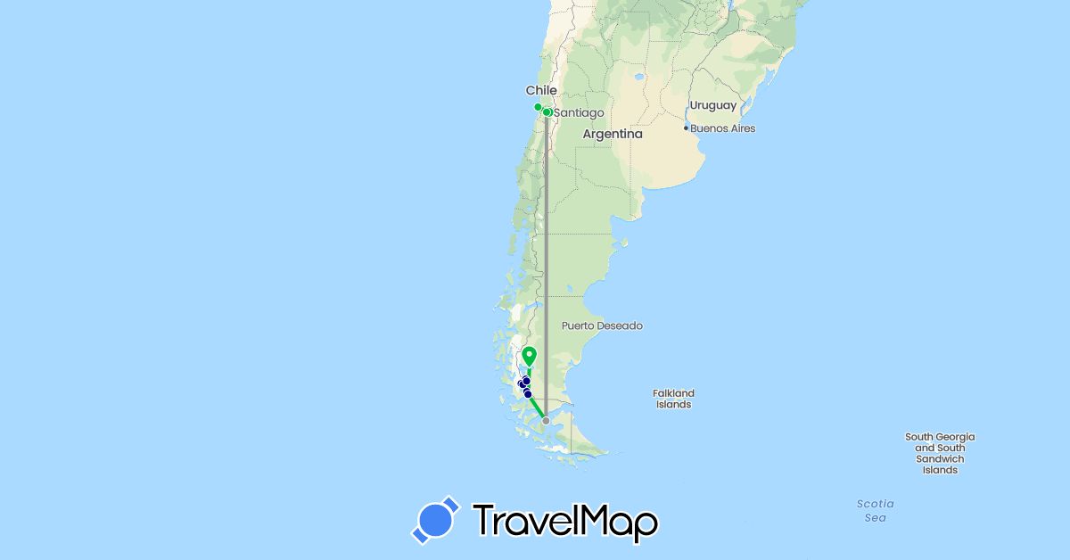 TravelMap itinerary: driving, bus, plane in Argentina, Chile (South America)