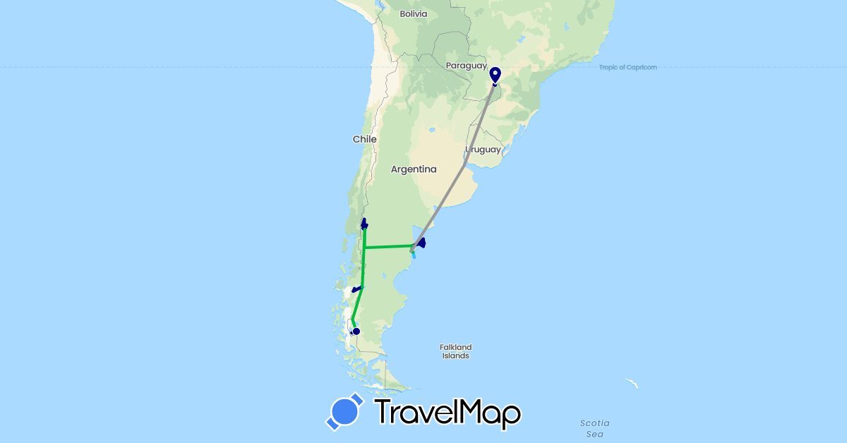 TravelMap itinerary: driving, bus, plane, hiking, boat in Argentina, Brazil, Chile (South America)